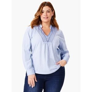 NIC+ZOE Blueline Embroidered V-Neck Peasant Top SZ 1X